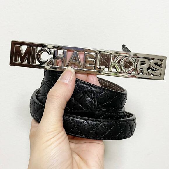 Michael Kors Black Stitched Leather Silver Hardware Belt - Picture 1 of 6